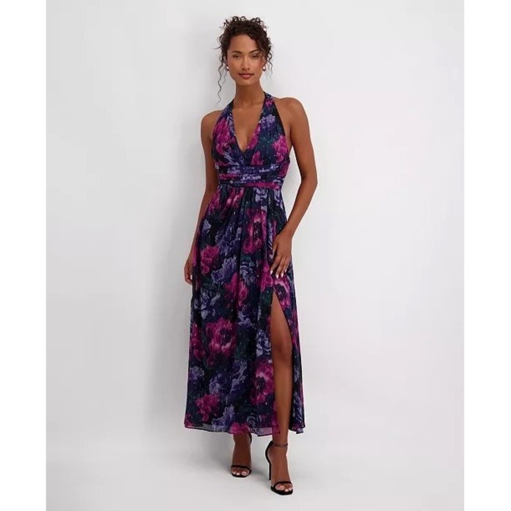 SIENA Maxi Dress Women Purple Floral Metallic Halter Formal Gown 4